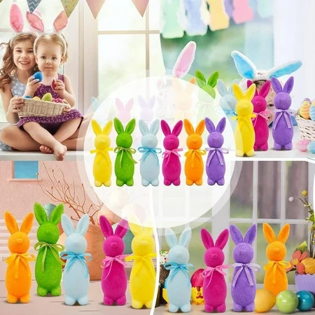 Easter Decorations Flocked Bunnies Figurine with Bow tie 9.7" Flocking Rabbit Tabletop Ornament for Easter Centerpieces for Spring Home Office Table Decor, Party Supplies | Walmart (US)