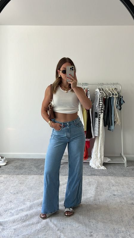 5/30/24 Casual outfit details 🫶🏼 Abercrombie jeans, Abercrombie wide leg jeans, wide leg jeans, Birkenstock big buckle sandals, basic tank, everyday outfits, summer fashion, summer casual outfits 