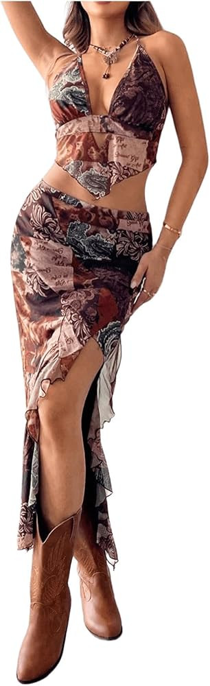 Verdusa Women's 2 Piece Set Tie Dye Backless Halter Tie Back Top Split Thigh Skirt | Amazon (US)