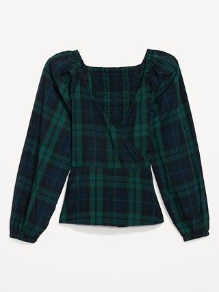 Puff-Sleeve Plaid Smocked Seersucker Wrap Blouse for Women | Old Navy (US)