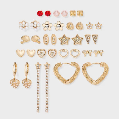 Heart Star and Flower Earring Set 18pc - Wild Fable™ Gold/White/Red | Target