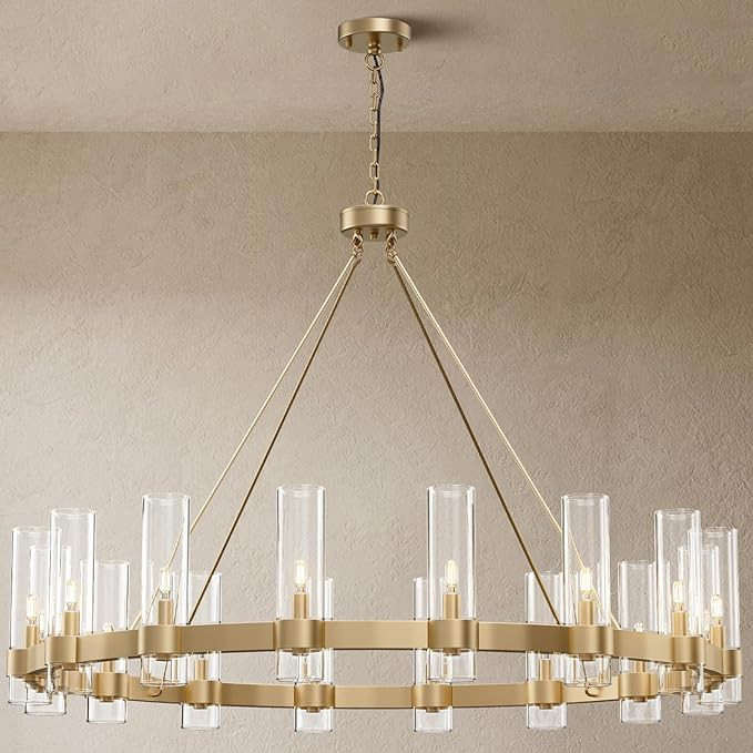 48 Inch Gold Chandelier, Wagon Wheel Chandelier with Glass Shade, 16-Lights Large Round Modern Fa... | Amazon (US)