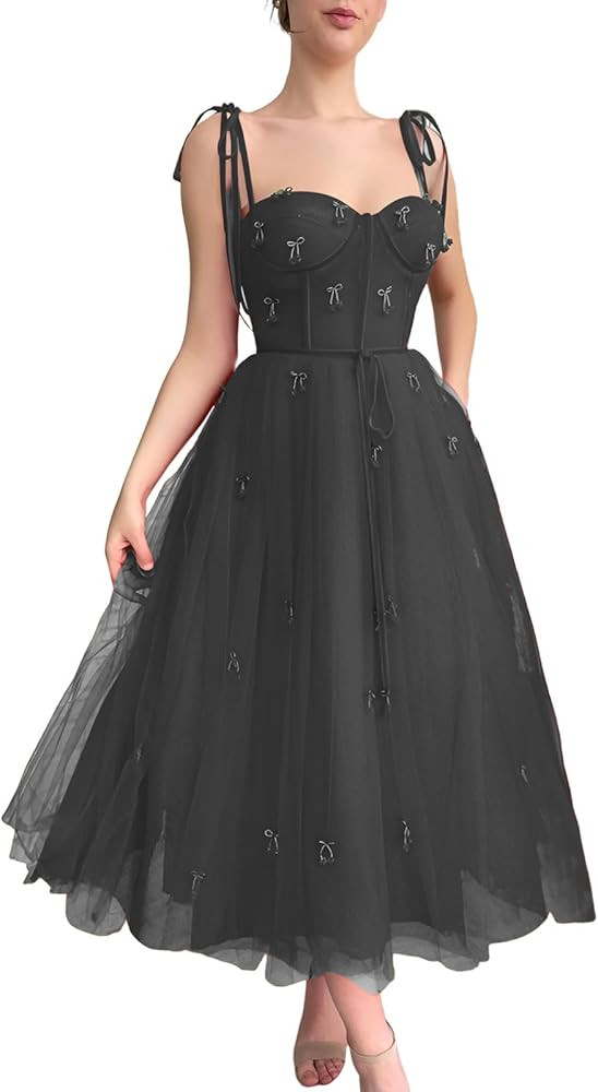 ManDu Cherry Tulle Prom Dresses for Teens Sweetheart A Line Long Homecoming Dresses Tea Length Formal Cocktail Dresses | Amazon (US)