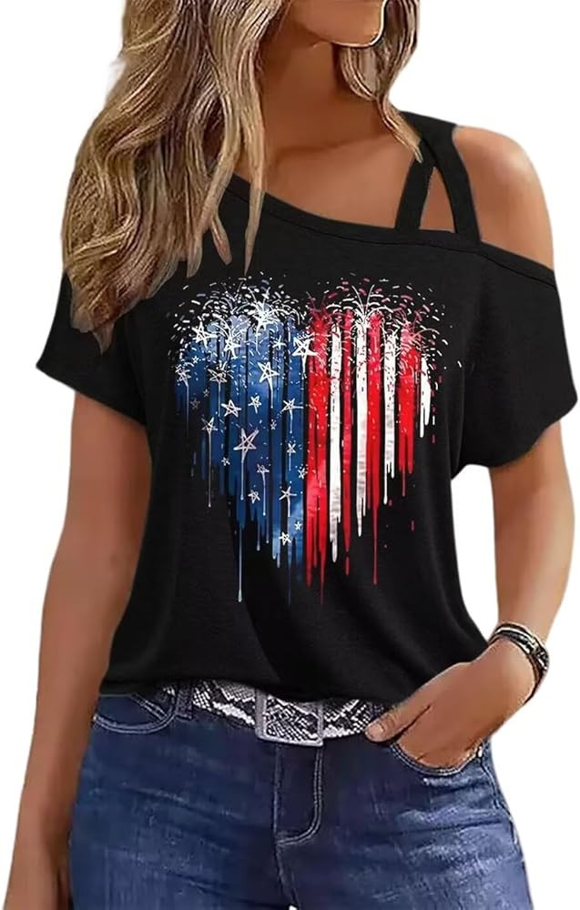 VKEGNIO Criss-Cross One Shoulder Tops Sexy Cold Shoulder Shirts Summer Short Sleeve T-Shirts Vaca... | Amazon (US)