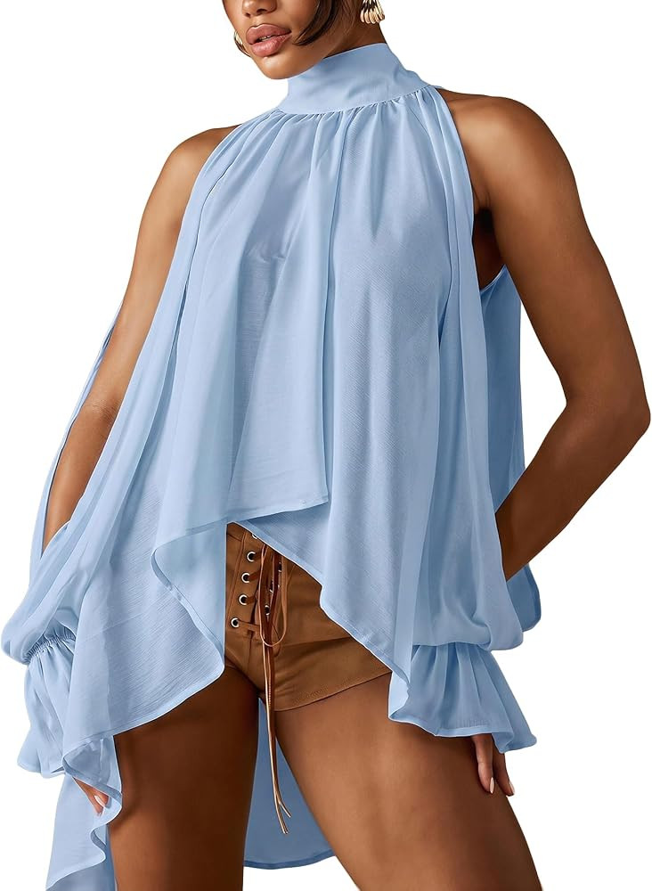 Verdusa Women's Chiffon Blouse Flowy Asymmetrical Sheer Halter Top Split Bishop Sleeve Gauze Shir... | Amazon (US)