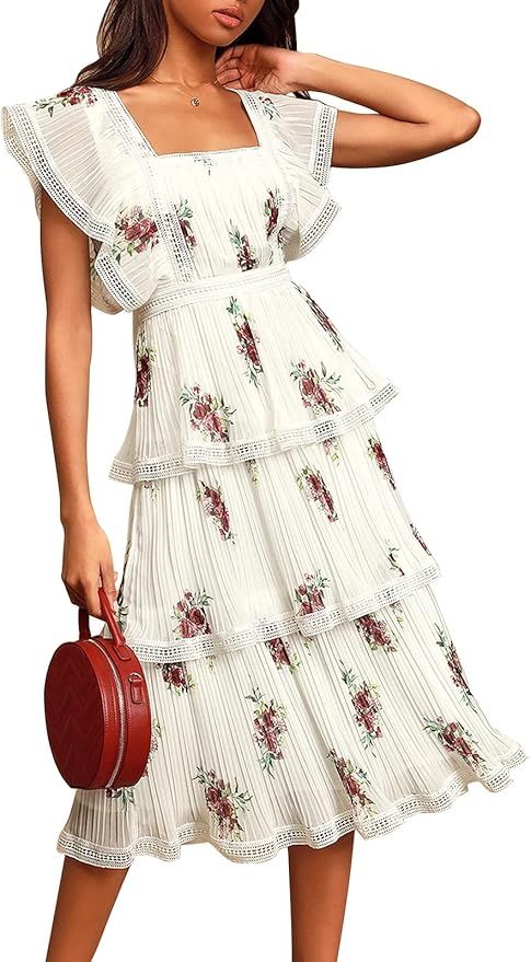 Summer Ruffle Dress for Womne Lace Tiered Short Sleeve Boho Floral Print Chiffon Party Midi Dress | Amazon (US)