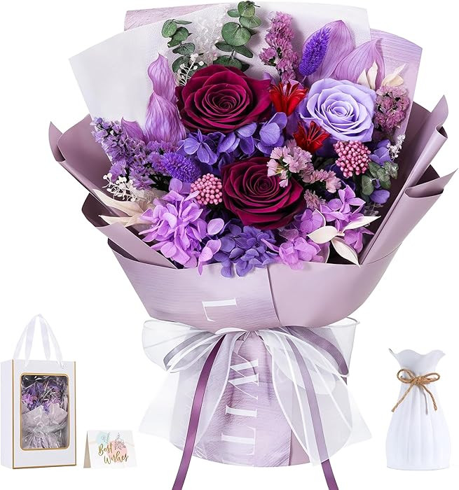 Lewondr Flower for Delivery, Preserved Flowers Bouquet, Purple Roses Bouquet, Real Long-Lasting F... | Amazon (US)