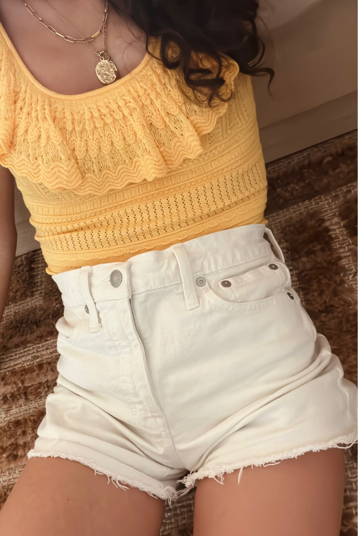 Summer outfit inspo - casual outfit - high rise denim shorts - gold jewelry - gold layering necklaces 

#LTKunder100 #LTKstyletip