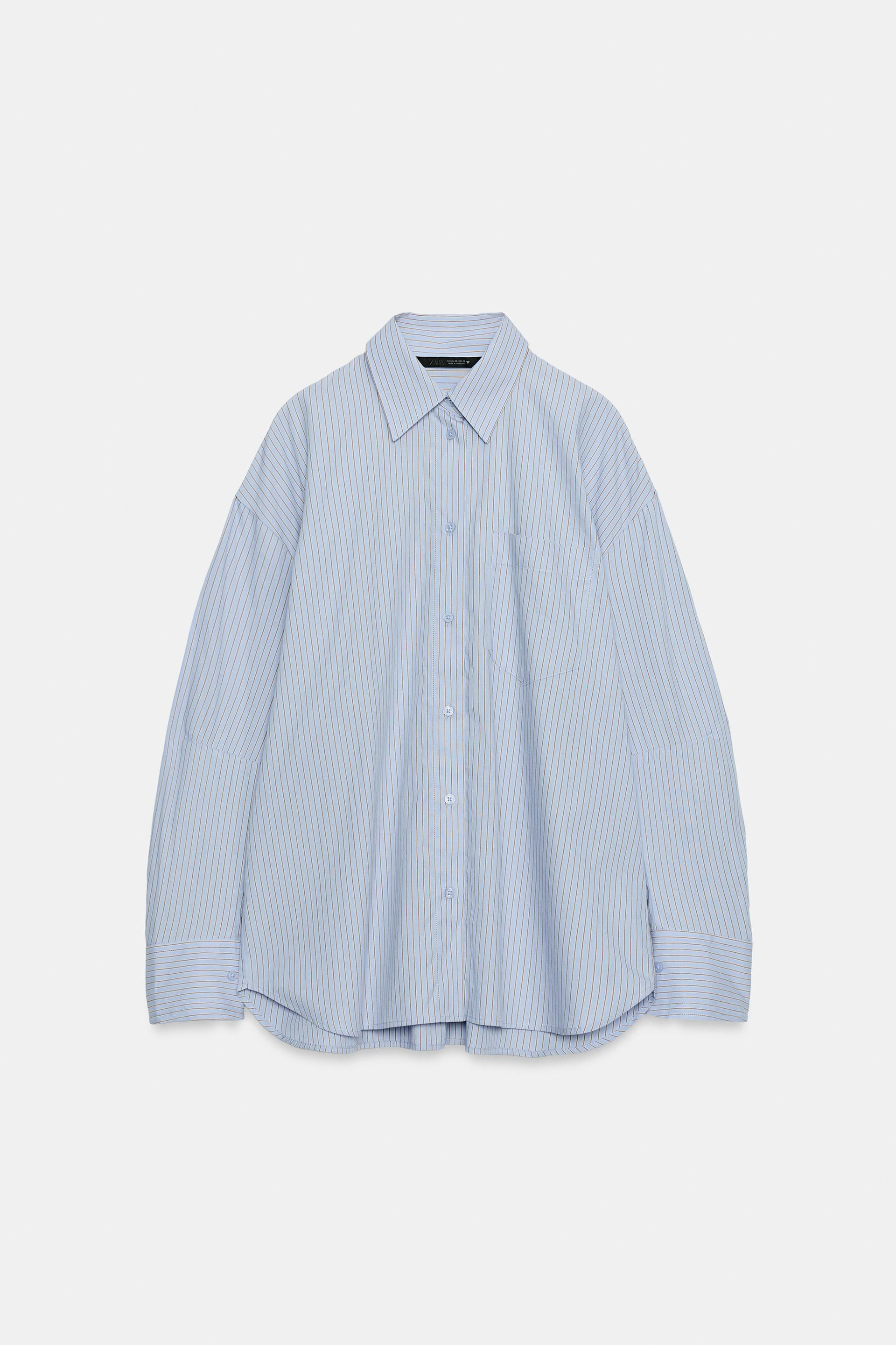Zara - Oversized Striped Pocket Shirt - Brown-Blue - Xxl - Woman | Zara US