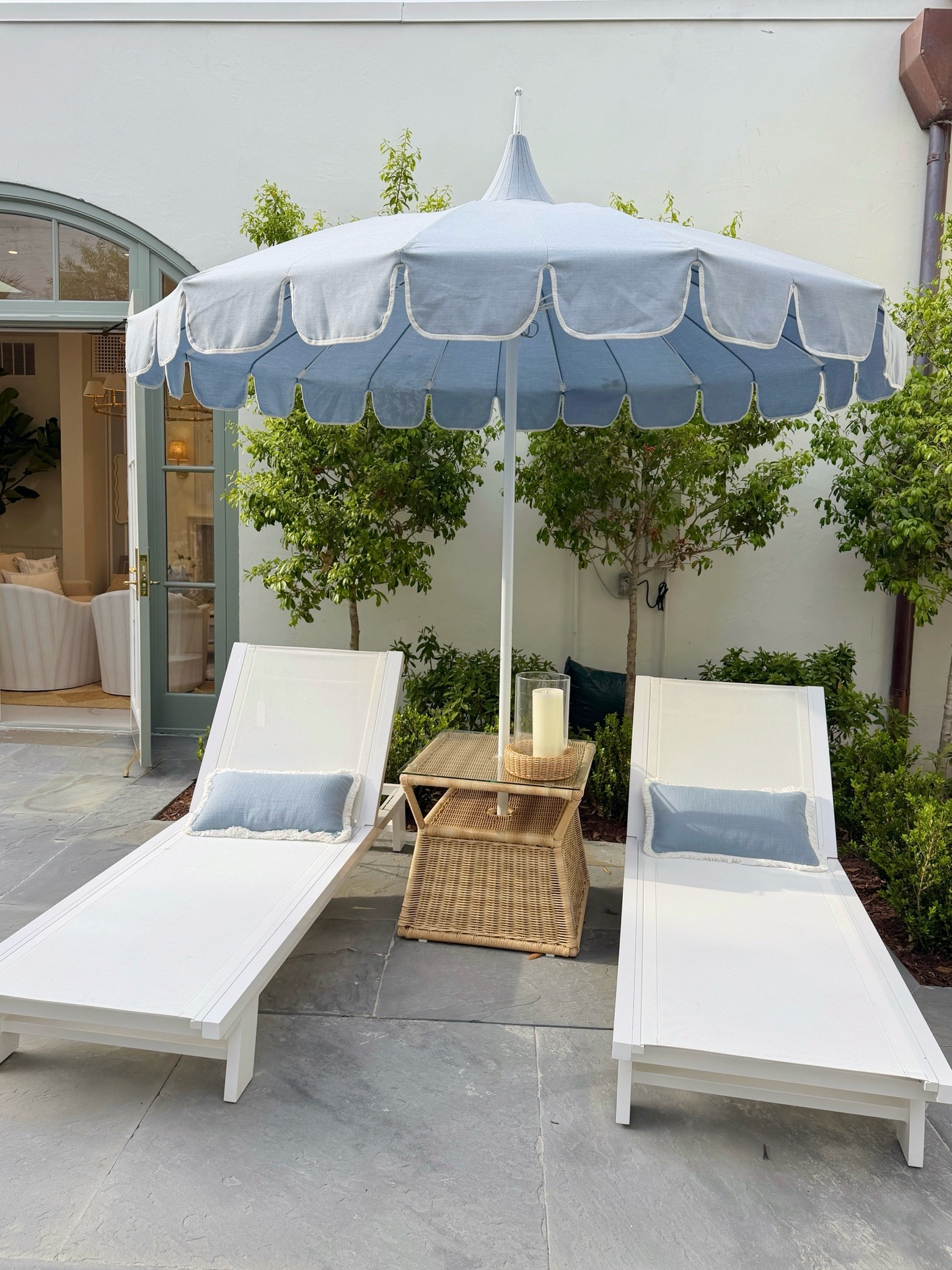 Serena & Lily Memorial Day sale!☀️ Loving this chic outdoor pool lounge setup featuring the Corsica Metal Chaise paired with the beautiful Eastport Umbrella in blue. 🩵 The coastal colors give the whole space such a dreamy resort-inspired feel. 🌊 Such a pretty setup for relaxing poolside all summer long. Linked everything in this outdoor lounge look! 🍸 #serenalily #outdoorfurniture #loungechaise

#LTKHome #LTKSeasonal #LTKSaleAlert