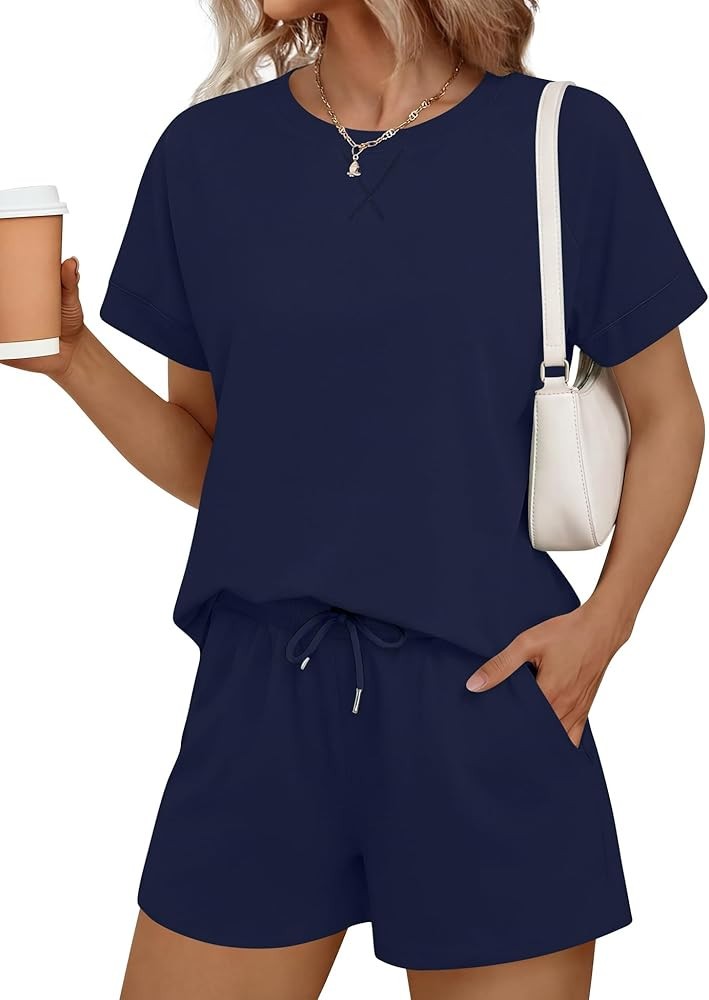 LOMON Women's 2 Piece Short Sets Summer Crew Neck Short Sleeve Matching Sets Outfits with Pockets | Amazon (US)