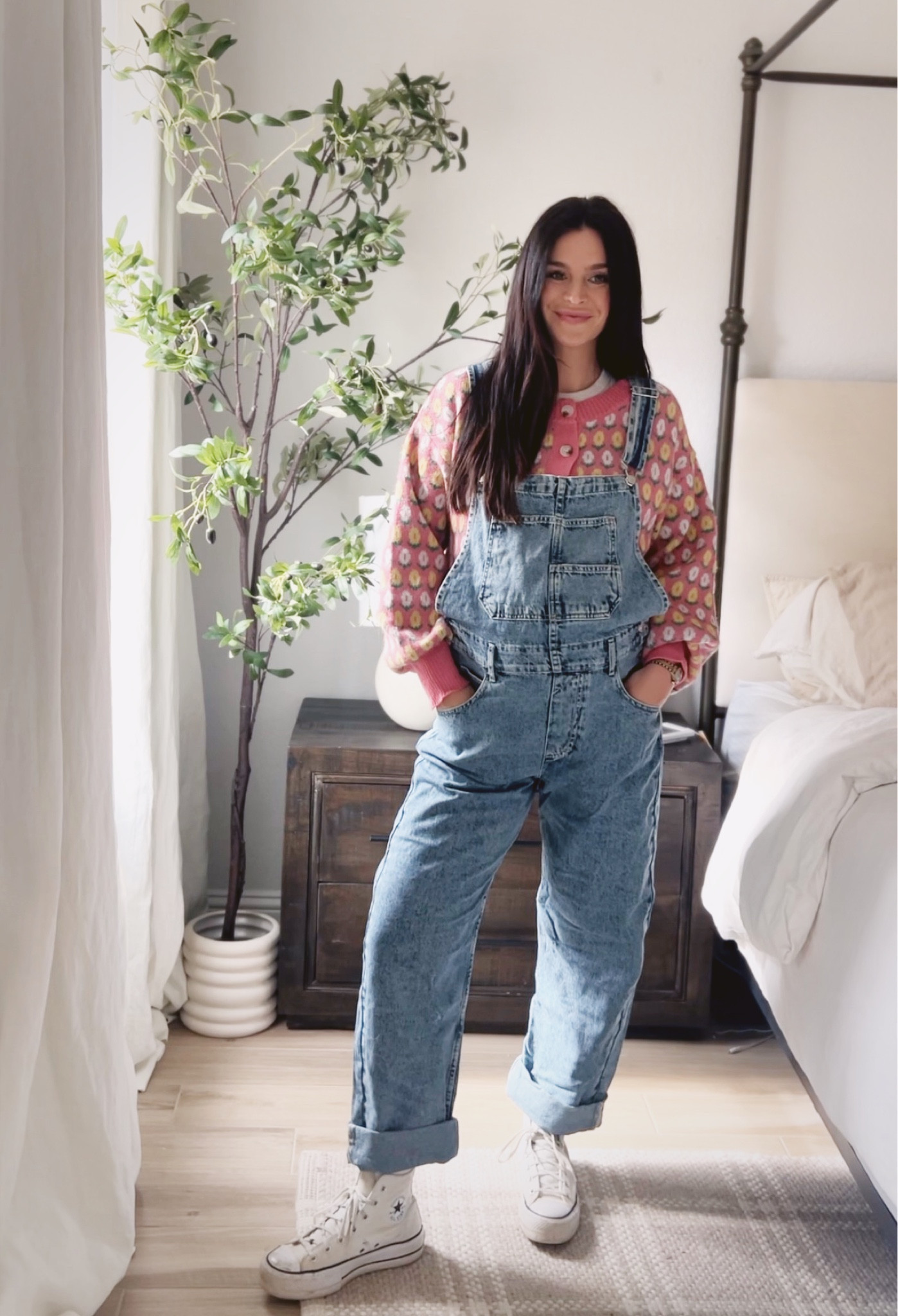 Overalls + any sweater is an easy look! I love this pink amazon sweater. I sized up to a large in sweater and medium in overalls to fit the baby bump  

#LTKshoecrush #LTKbump