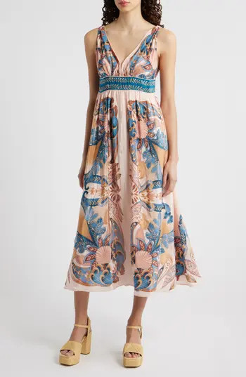 FARM Rio Garden Scarf Print Midi Dress in Garden Scarf Soft Pink at Nordstrom Rack, Size Medium | Nordstrom Rack