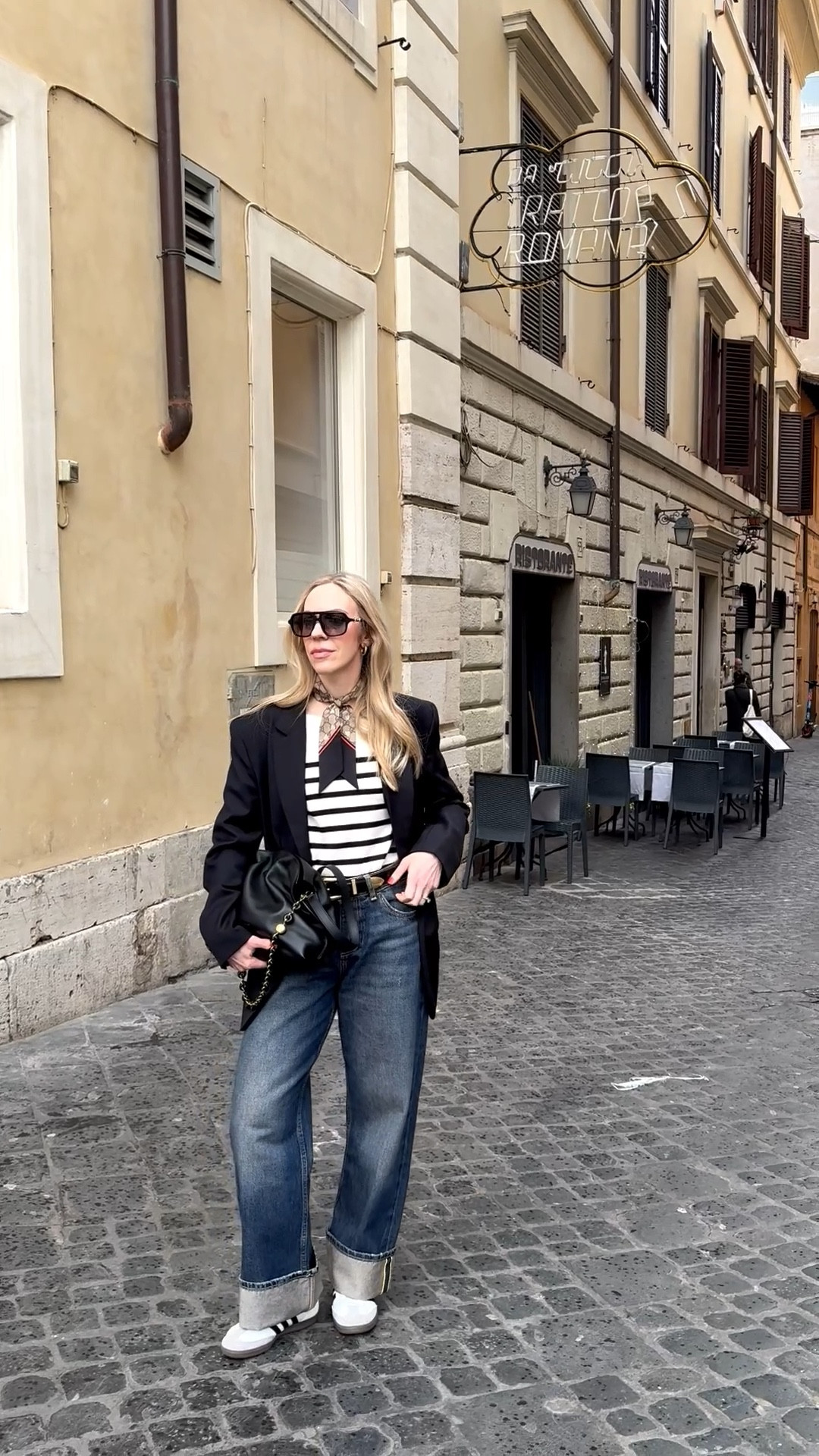 European vacation look, travel look, Gucci aviator sunglasses, oversized black blazer, striped sweater, Gucci silk scarf, @Zara cuffed baggy jeans, spring trends 

#LTKSeasonal #LTKTravel #LTKOver40
