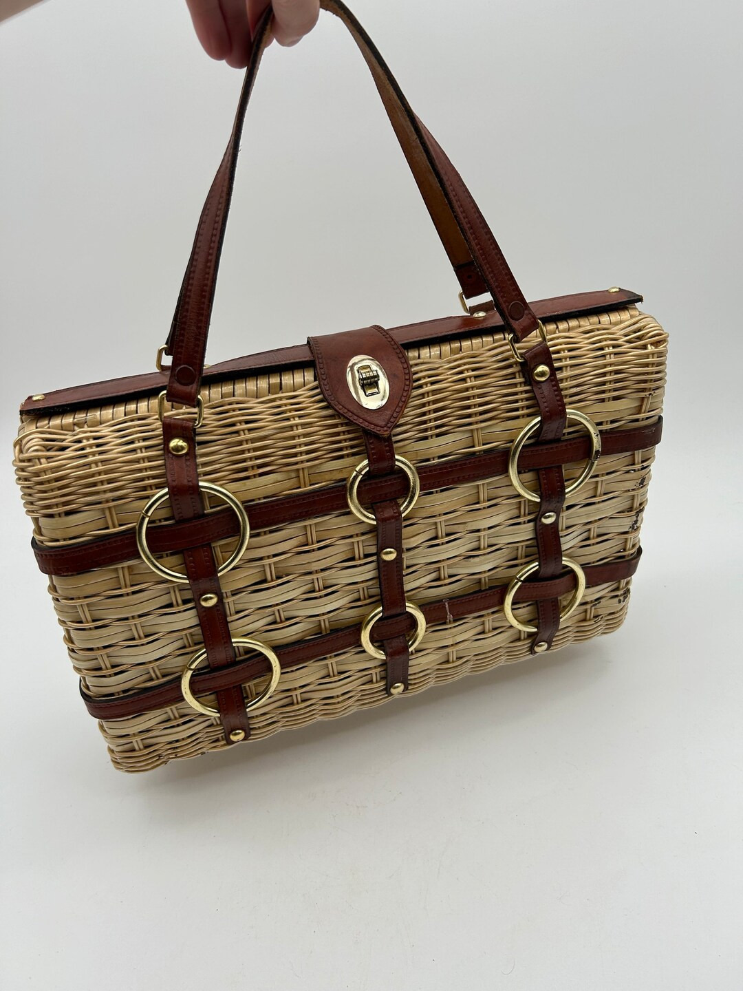 Vintage 1960s Basket Weave Wicker Handbag Purse Leather Trim, Made in British Hong Kong, Turn Loc... | Etsy (US)