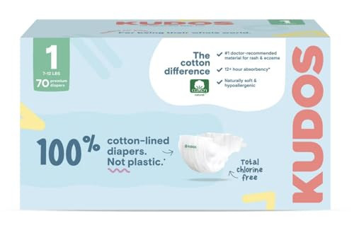 Kudos Chlorine Free Premium Diapers, 100% Cotton-Lined Ultra Soft, Size 1-70 Count | Amazon (US)
