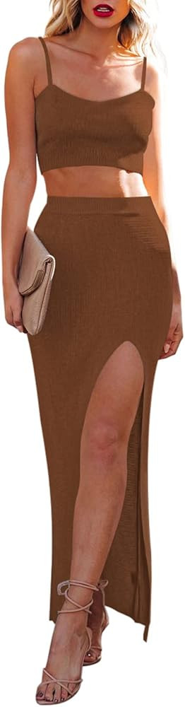Cutiefox Women's Knit 2 Piece Dress Cami Crop Top High Side Slit Bodycon Long Skirt Set | Amazon (US)