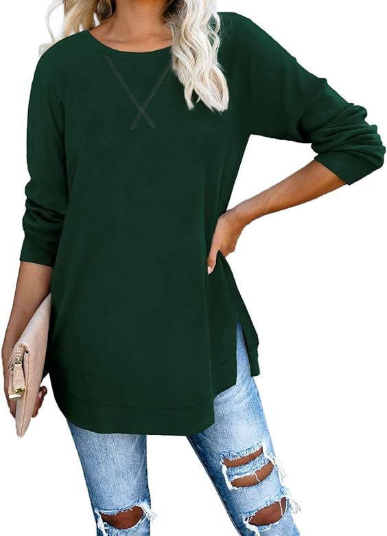 Jescakoo Long Sleeve Loose Pullover Tunic Tops Side Split Plain Shirts | Amazon (US)