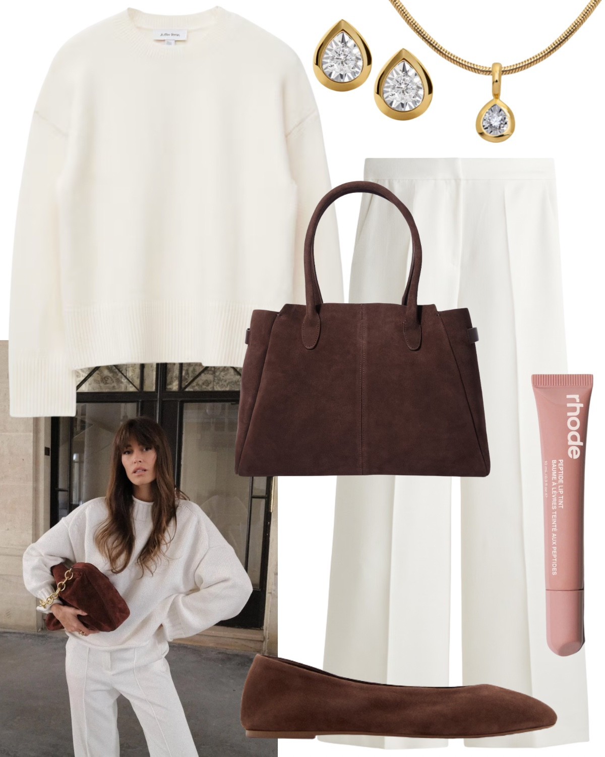 Cream jumper, white tailored trousers, pear diamond stud earrings, pear diamond drop necklace, brown suede handbag, lip gloss, suede ballet flats 

#LTKautumn #LTKstyletip #LTKuk