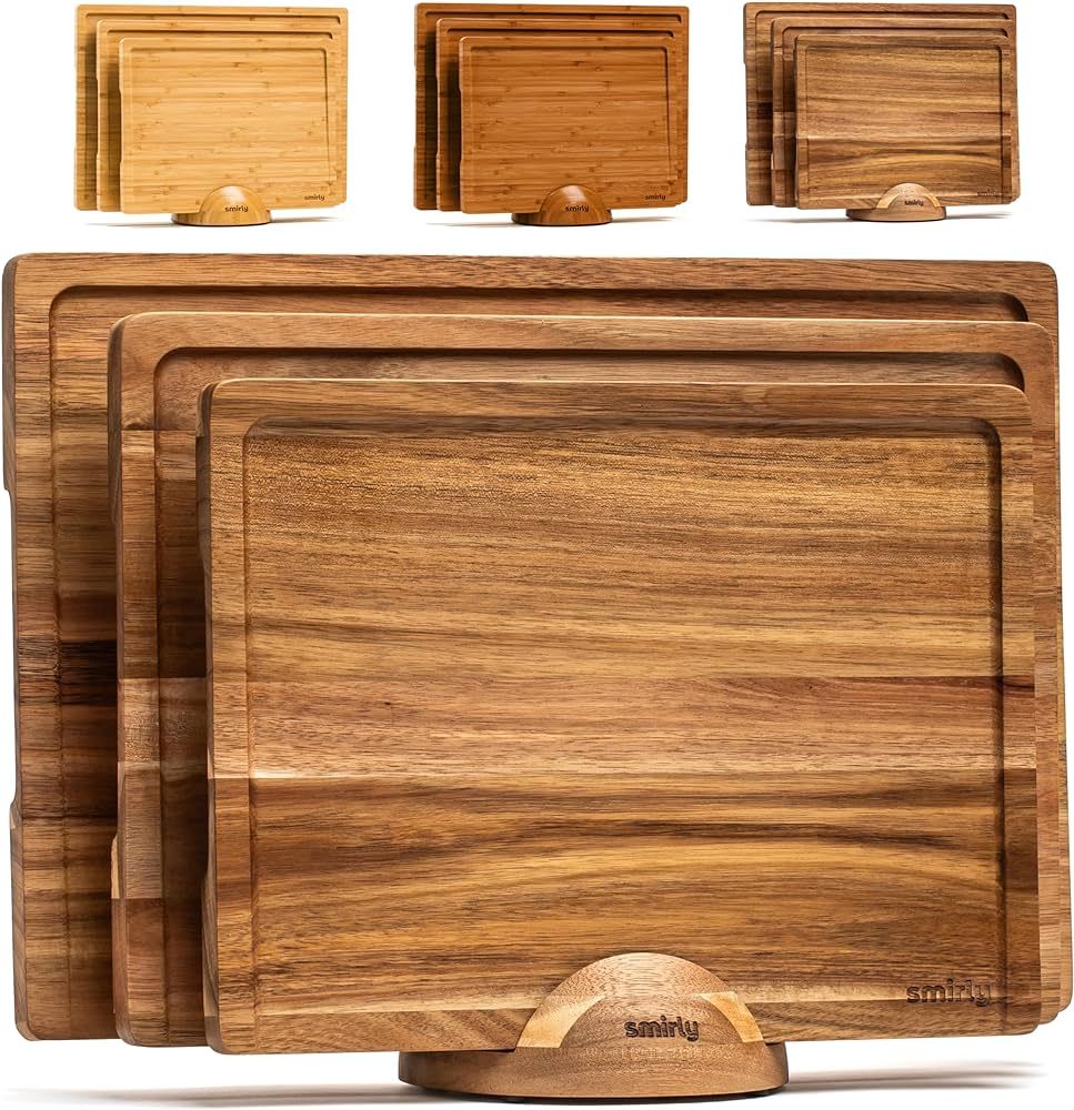 SMIRLY Wooden Cutting Boards For Kitchen - Acacia Cutting Board Set with Holder, Wood Cutting Boa... | Amazon (US)