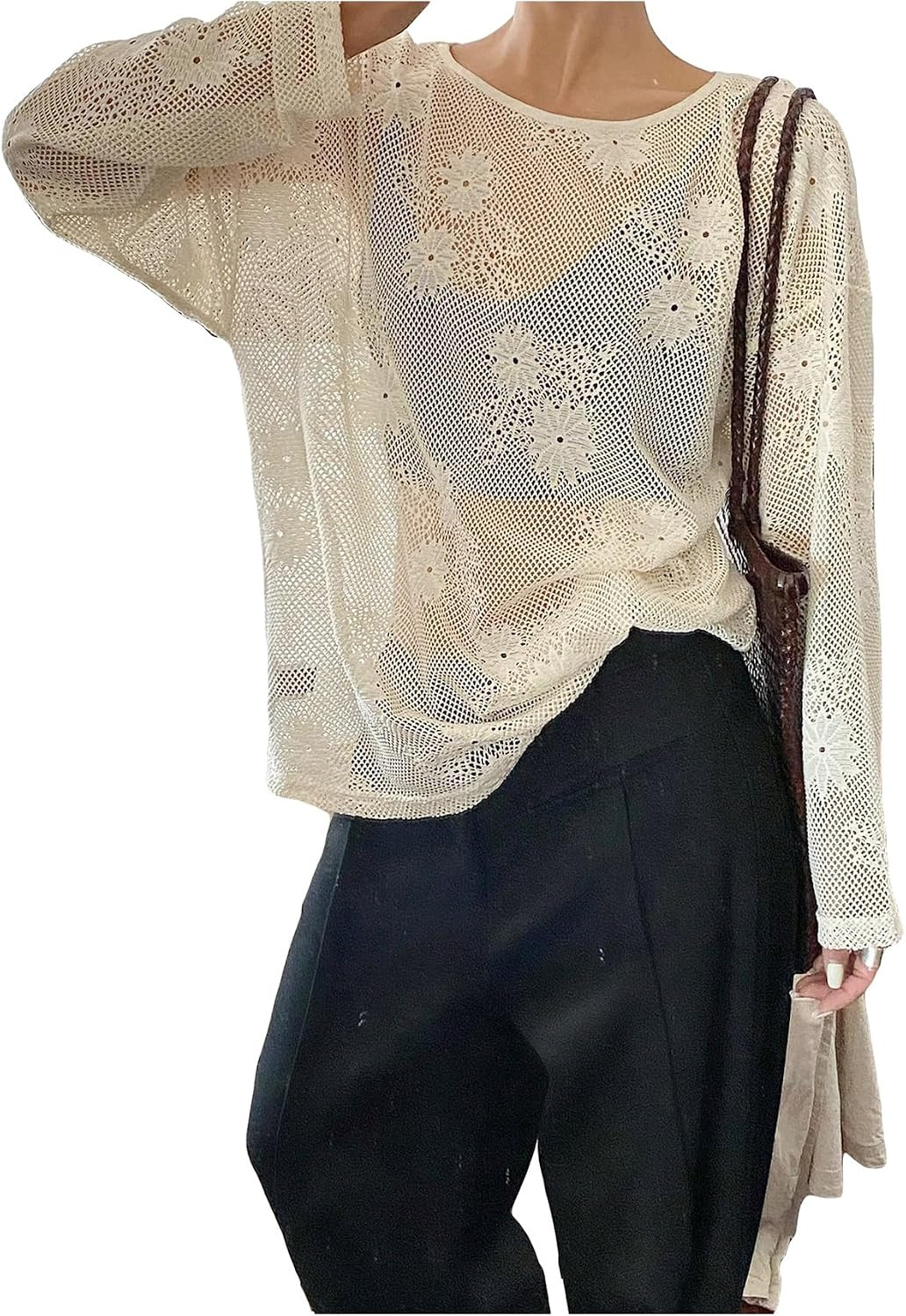 GORGLITTER Women's Mesh Long Sleeve Tops Sheer Oversized T Shirt | Amazon (US)