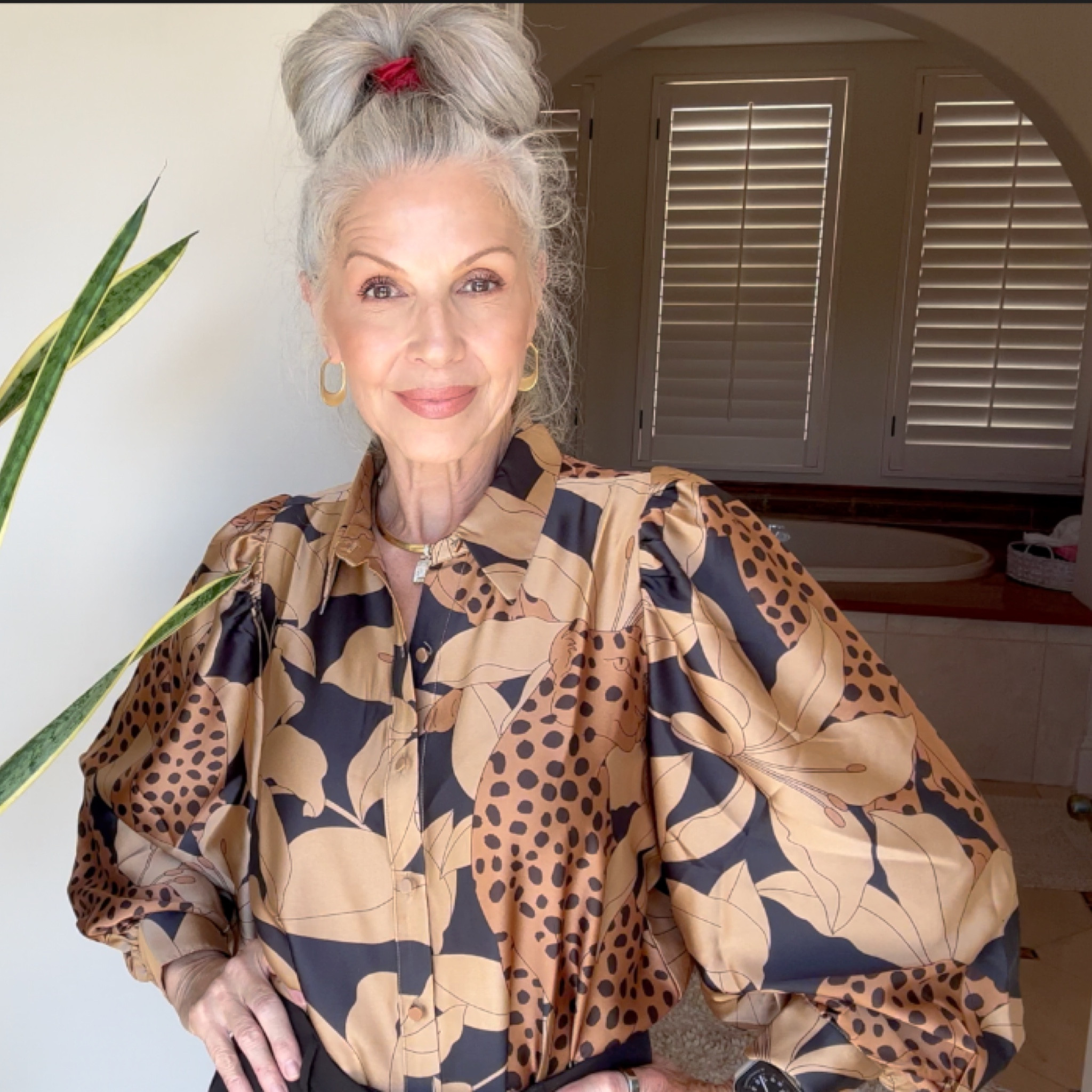 Such a beautiful blouse!  Full of rich fall colors !! Right on trend featuring a handsome leopard!! 🐆 get it now! Wear with your favorite black jeans, slacks or skirt!! I’m wearing a Medium!! #animalprint #

#LTKOver40 #LTKStyleTip #LTKFindsUnder100