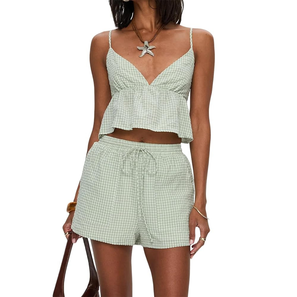 Women 2pcs Plaid Outfits Sexy V-Neck Ruffle Trim Backless Tie Up Crop Tank Top Drawstring Shorts ... | Amazon (US)