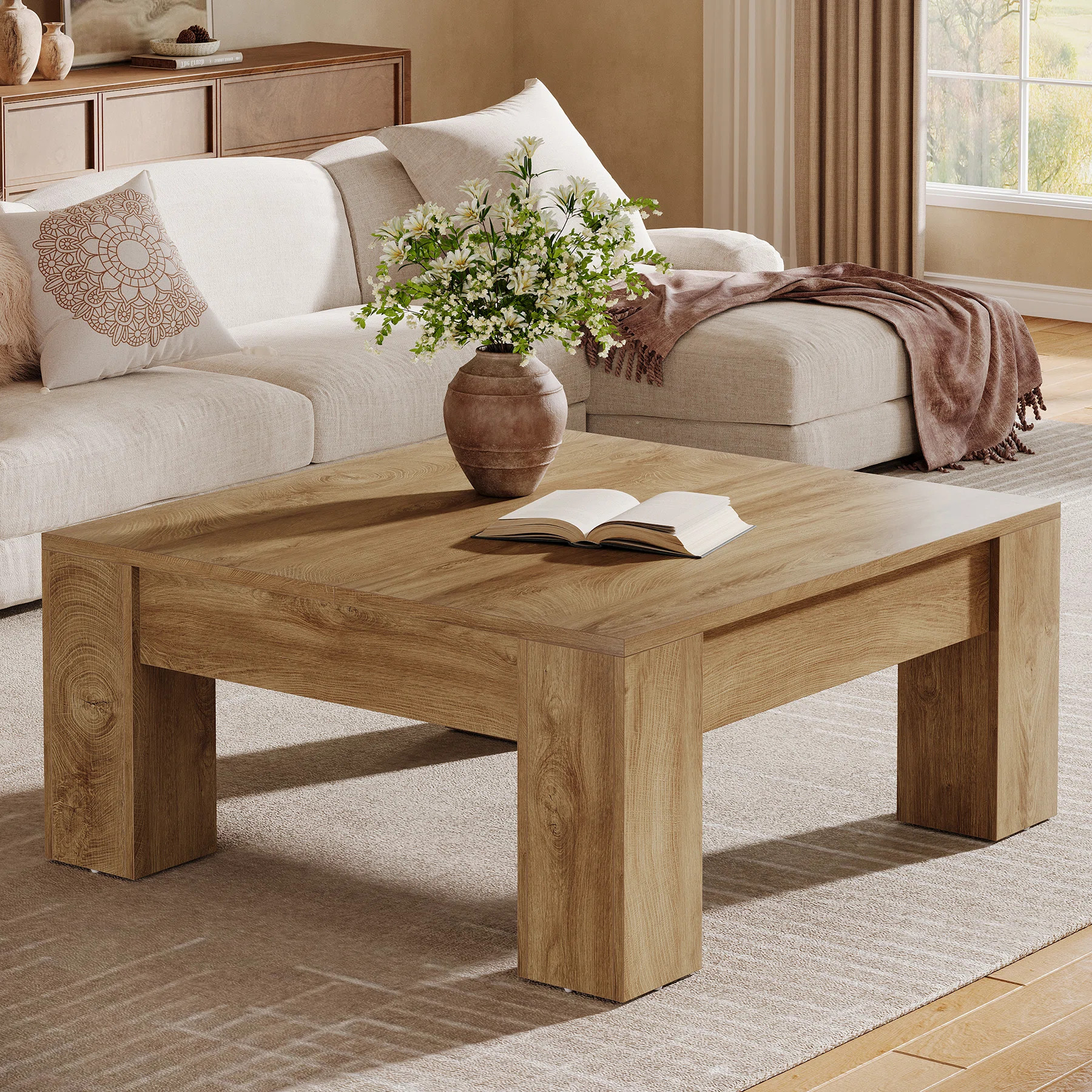 39" Square Coffee Table, Farmhouse Wooden Center Table with Sturdy Legs, Light Brown | Wayfair North America