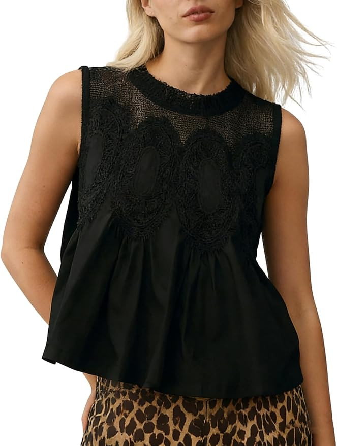 Women's Cotton Lace Flared Tank Sleeveless Crew Neck Babydoll Top Peplum Shirt with Intricate Mes... | Amazon (US)
