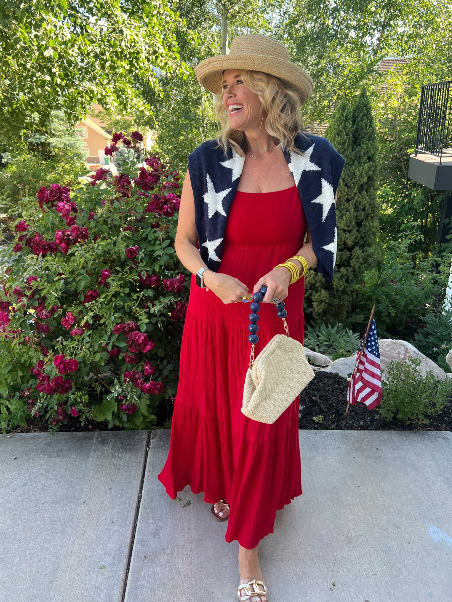 A little red, white and blue inspo♥️🤍💙

Star sweater fit tts

Maxi 3 tiers  dress fit tts 

Raffia bag, clutch cones with leather strap and you can purchase large bead handle in colors I got  a navy . Social threads

Gold Budha girl bangles 

Star earrings 

Gold link on clear slides Steve Madden old link similar & more affordable 



#LTKItBag #LTKStyleTip #LTKFindsUnder50