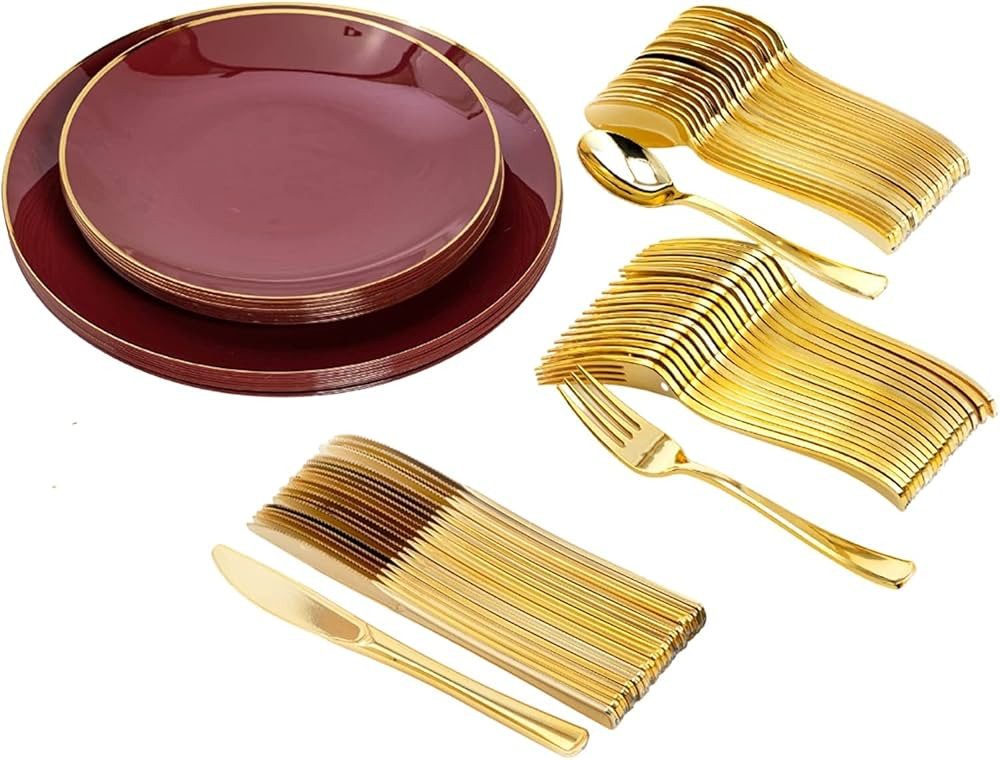 Trendables Disposable Plastic Plate Set with Cutlery Burgundy 200 Ct For 40 Plastic Silverware Se... | Amazon (US)
