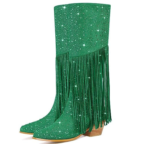 GOSERCE Rhinestone Fringe Cowboy Boots for Women Ladies Mid Wide Calf Tassel Sparkle Cowgirl Western Boots Bling Glitter Pointed Toe Stacked Chunky Heel with Half Side Zipper Dressy Wedding Prom Green,9 | Amazon (US)