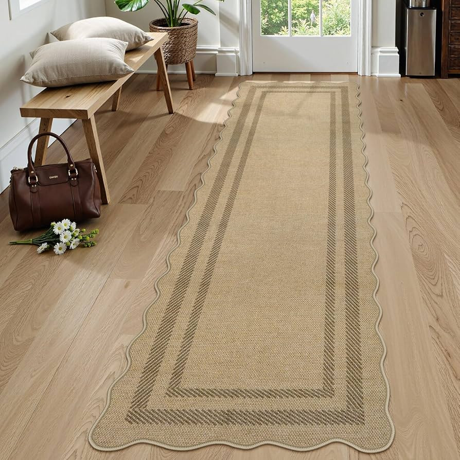 LIVEBOX Scalloped Washable 2x8 Kitchen Runner Rug, Easy Jute Geometric Tan Rugs for Hallway Entry... | Amazon (US)