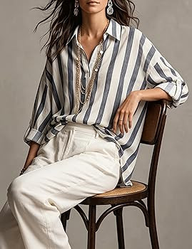 Watashi Women Striped V Neck Henley Shirt Oversized Roll Long Sleeved Collared Blouse Work Office... | Amazon (US)