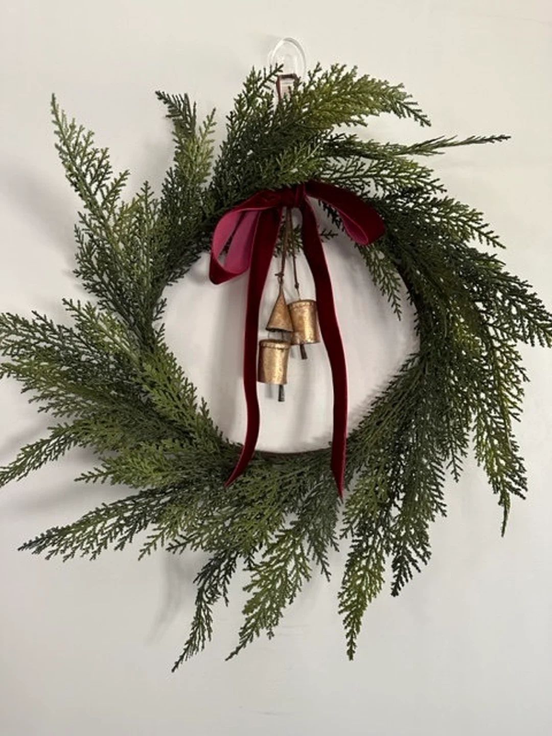 18 Cedar Wreath With Vintage Gold Bells and Burgundy Velvet - Etsy | Etsy (US)