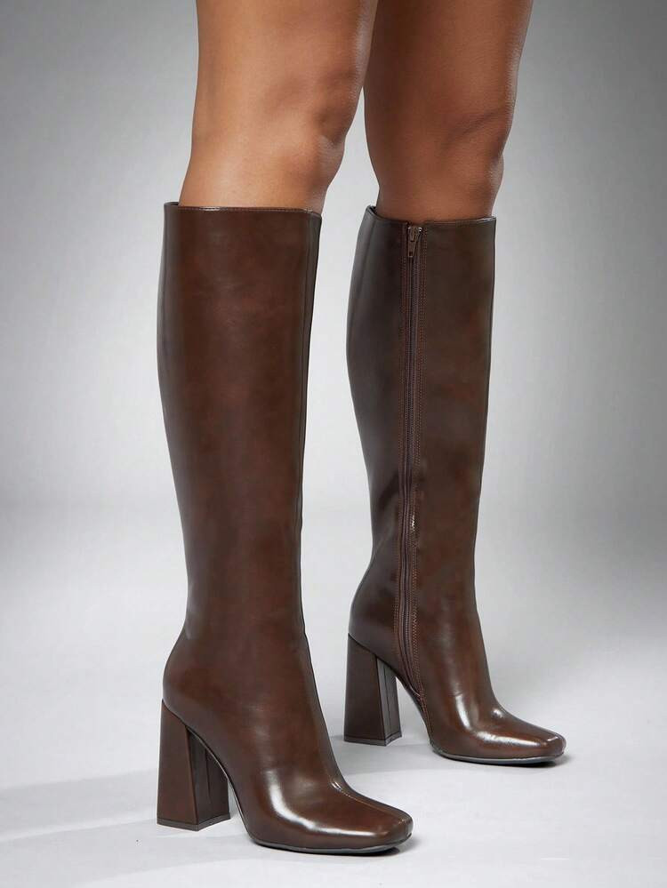 SHUZIA Women's Fashionable & Comfortable Knee-High Side Zipper Chunky Heel Boots | SHEIN