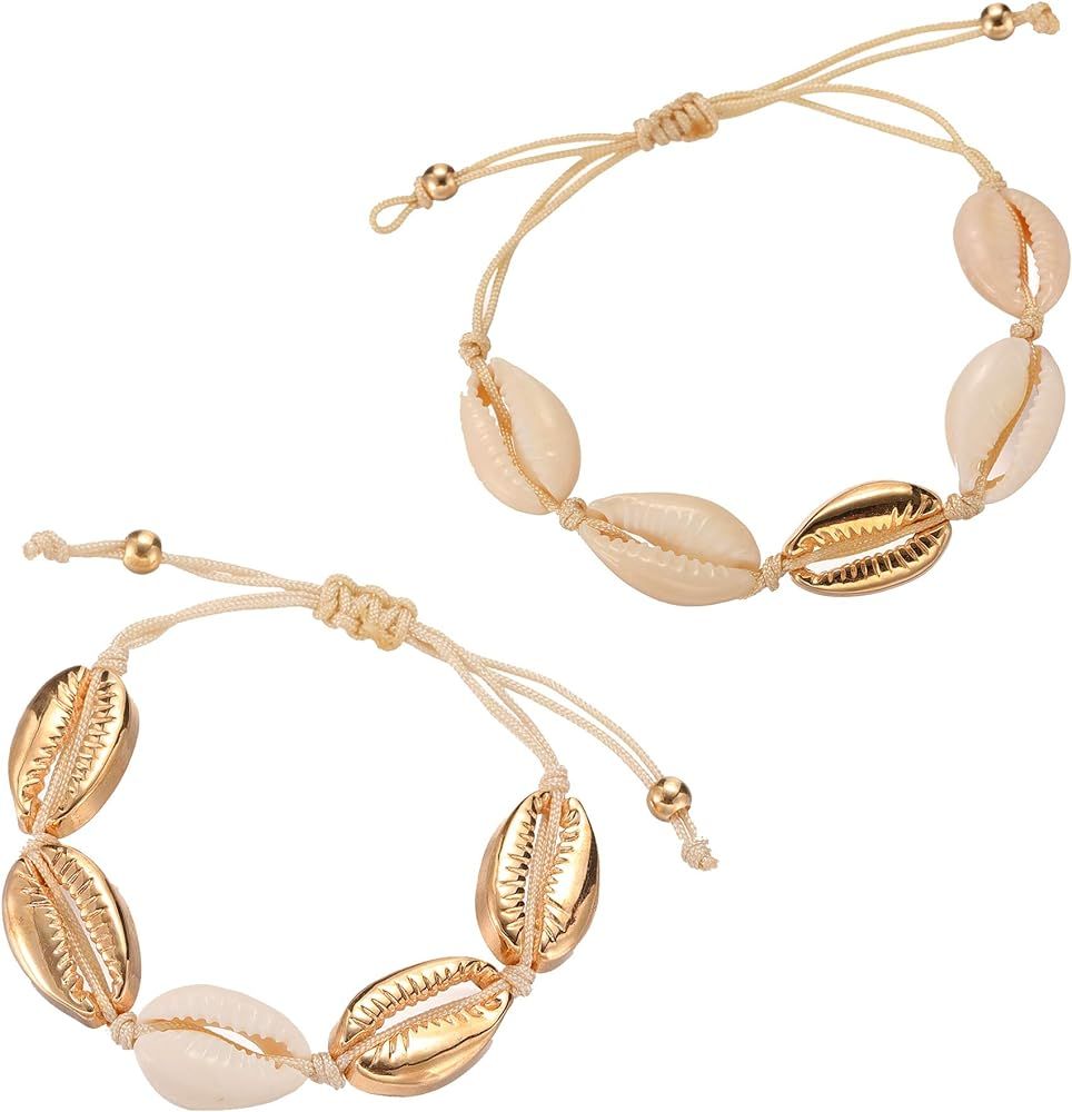 SOFTONES 2Pcs Beach Shell Bracelet Anklet Set for Women Girls Summer Handmade Bracelets Ankle Bracel | Amazon (US)