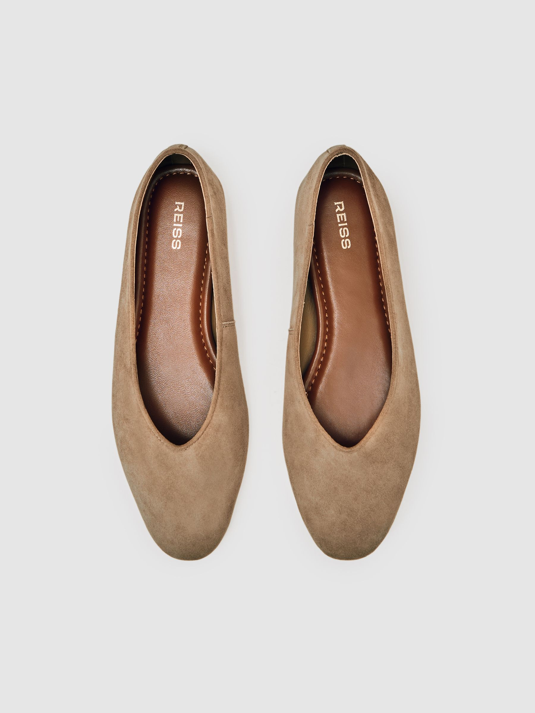 Reiss Leather Rounded-Point Toe Ballet Flats in Taupe - REISS | Reiss UK