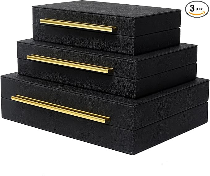 Faux Shagreen Leather Jewelry Storage Boxes Set of 3 with Gold Handles, Velvet Lined Stackable Or... | Amazon (US)