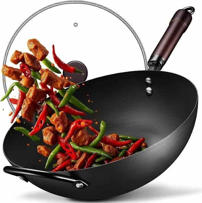 Wok, 13 Inch carbon steel woks & stir-fry pans nonstick, Pre-Seasoned 5.8QT Flat Bottom Chinese W... | Amazon (US)
