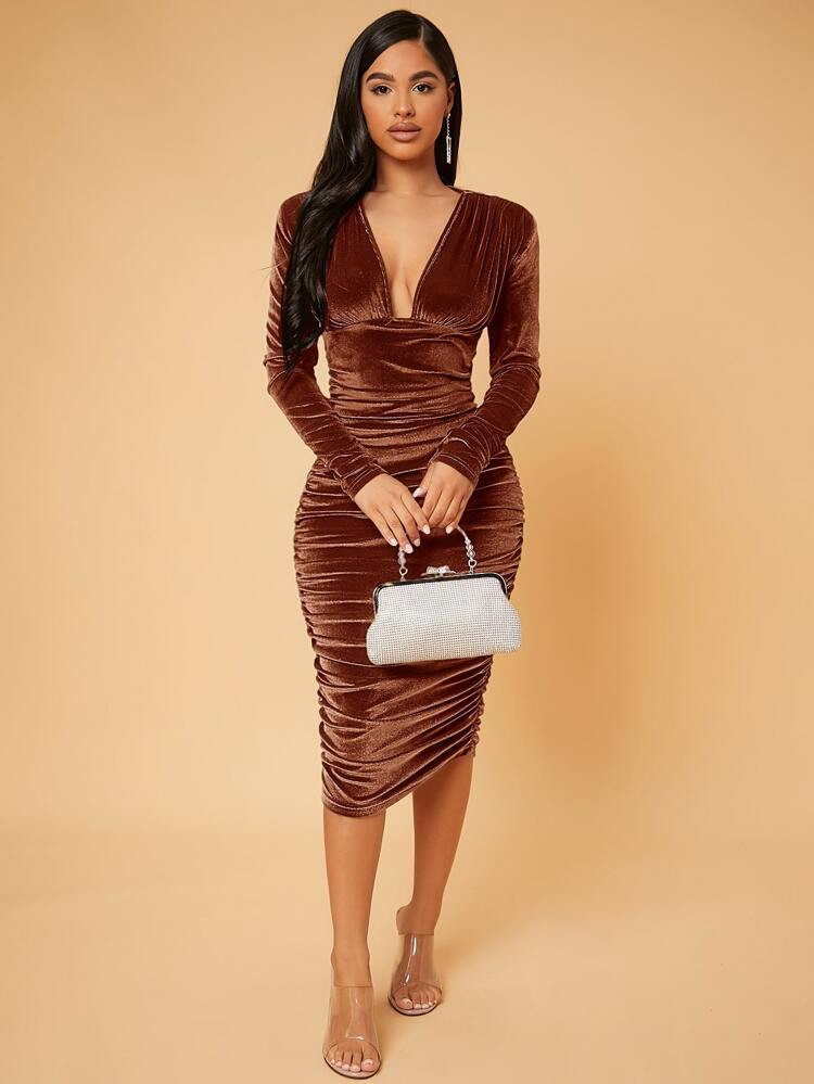 SHEIN BAE Deep V Neck Ruched Velvet Bodycon Dress | SHEIN