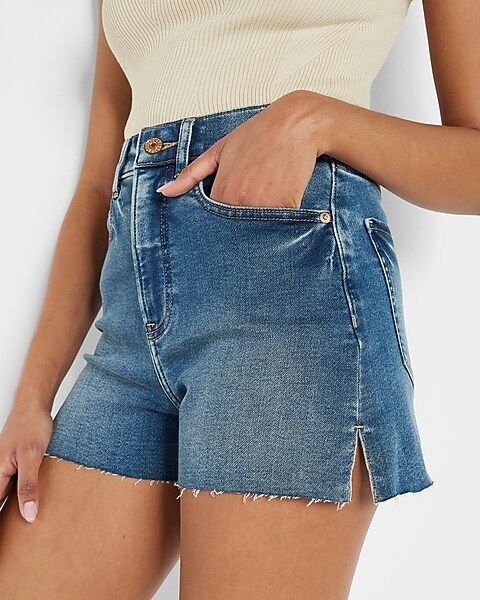 Super High Waisted Dark Wash Mom Jean Shorts | Express
