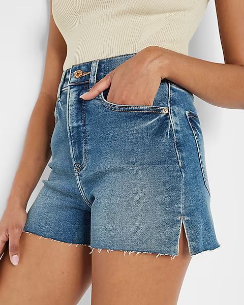 Super High Waisted Dark Wash Mom Jean Shorts | Express