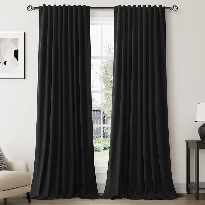 Black Curtains for Bedroom 2 Panels 102 Inch Long Curtains Blackout Linen Blend Light Blocker Hoo... | Amazon (US)