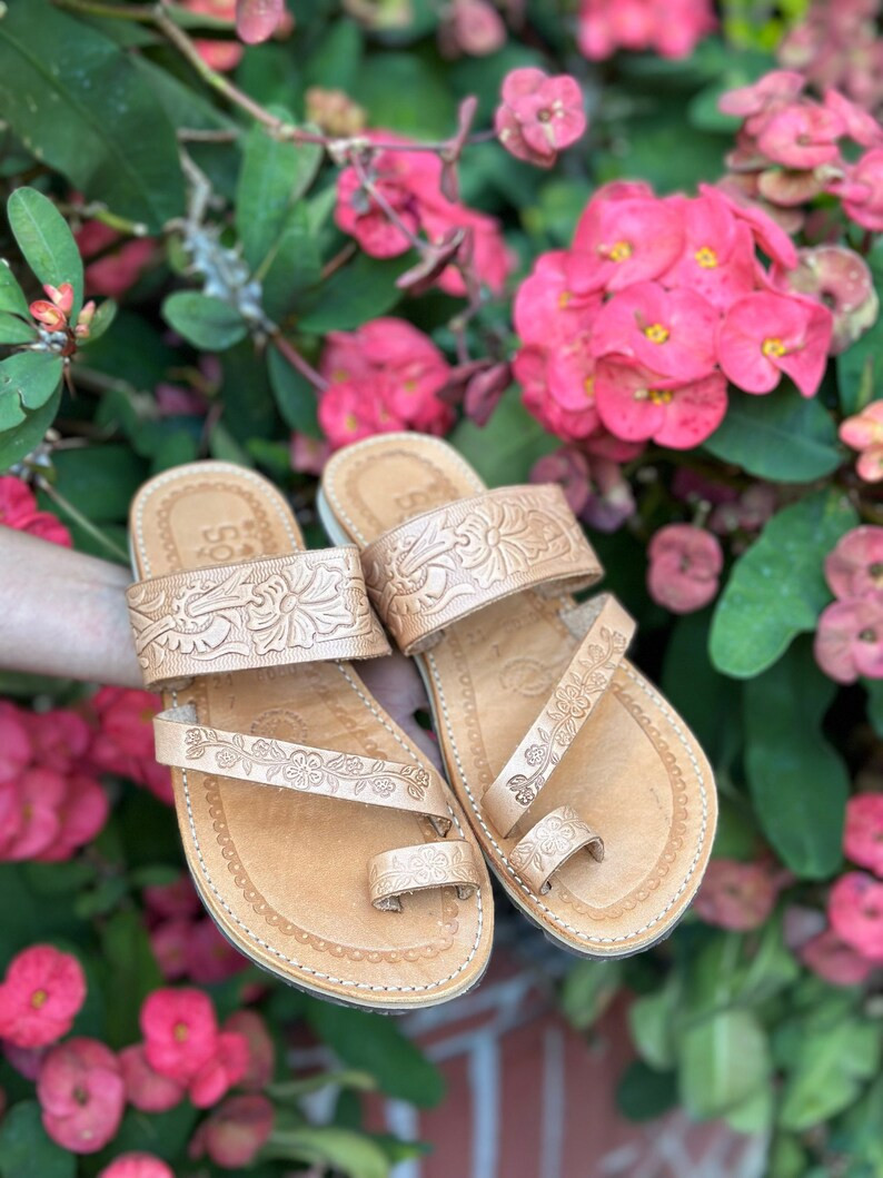 Floral Artisanal Sandal. Cross Strap Sandals. Mexican Leather Sandals. Tan Sandals. Cute Summer S... | Etsy (US)
