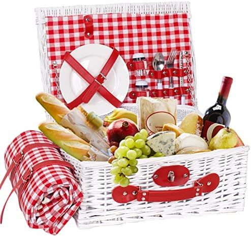 Wicker Picnic Basket for 2 Persons with Waterproof Picnic Blanket,Picnic Set for Family with Insulat | Amazon (US)