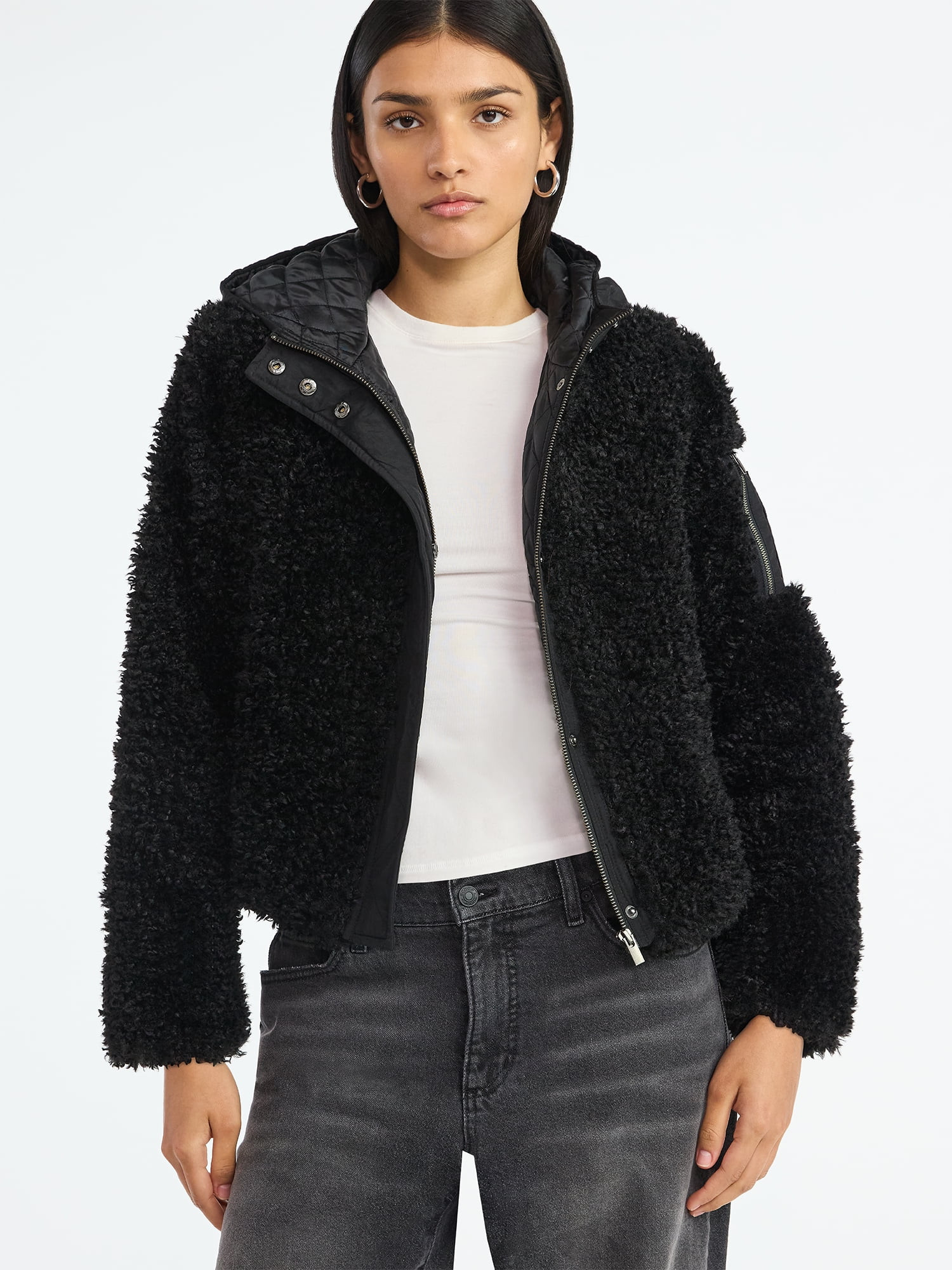 Scoop Women's Mixed Media Teddy Jacket with Hood, Midweight, Sizes XS-XXL | Walmart (US)