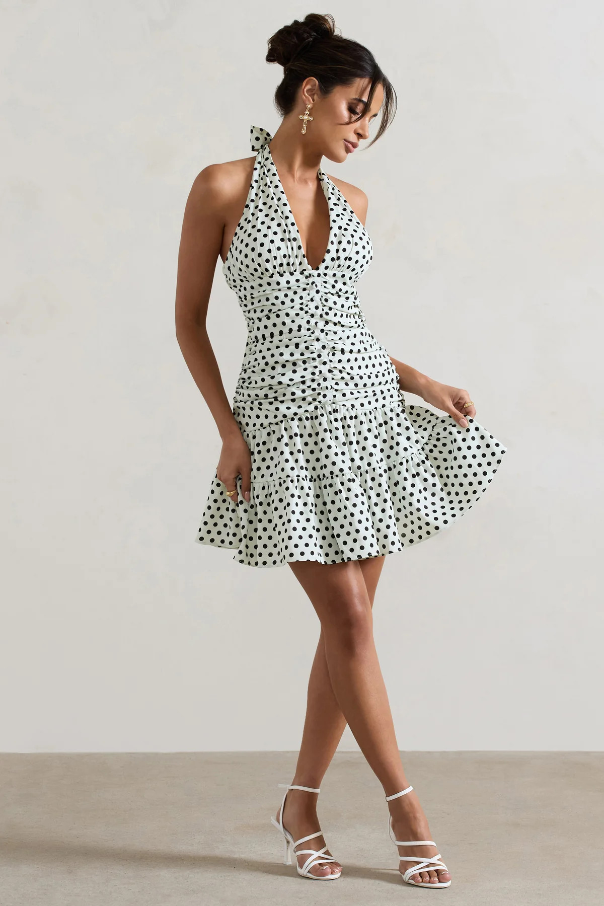 Verde | White Polka Dot V-Neck Ruched Mini Dress With Flared Hem | Club L London