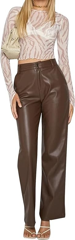Women Faux Leather Pants High Waist Straight Leg Leggings Loose Fit Trousers Vintage 90s Streetwe... | Amazon (US)
