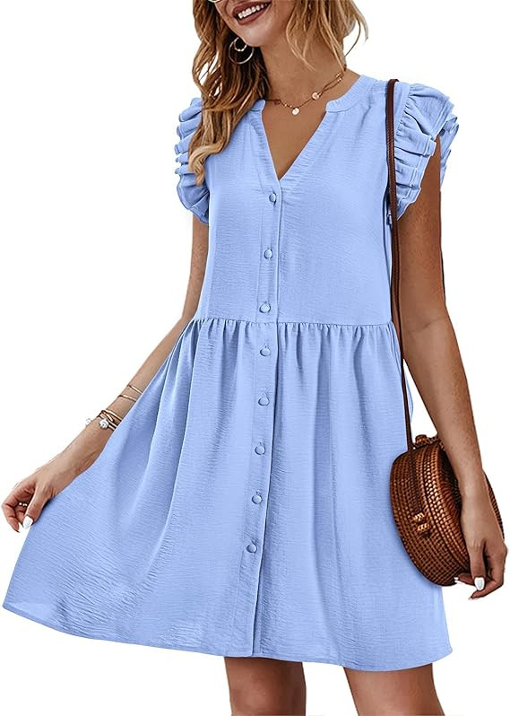 KIRUNDO Women's 2024 Summer Mini Dress Casual Ruffle Sleeveless Button Down V Neck Loose Shift Tu... | Amazon (US)